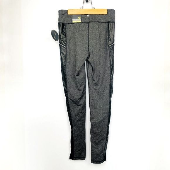 NWT XERSION Black Gray Herringbone Moto Style Side Faux Leather Leggings - Picture 4 of 11